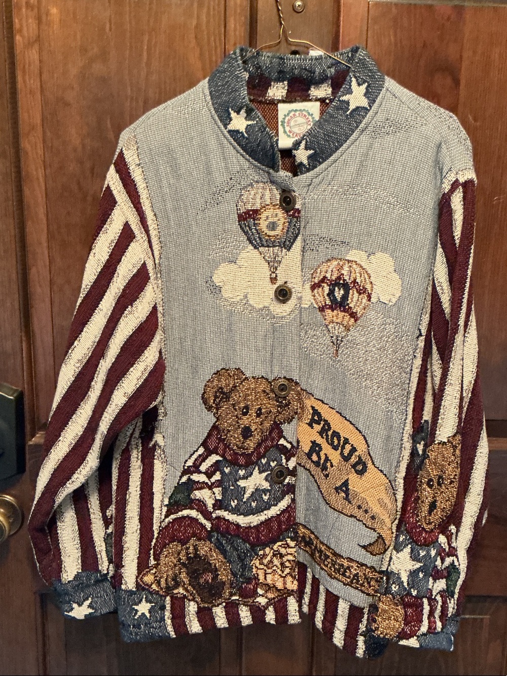 Patriotic Teddy Bear Button-Up Knit Cardigan - Blue & Red